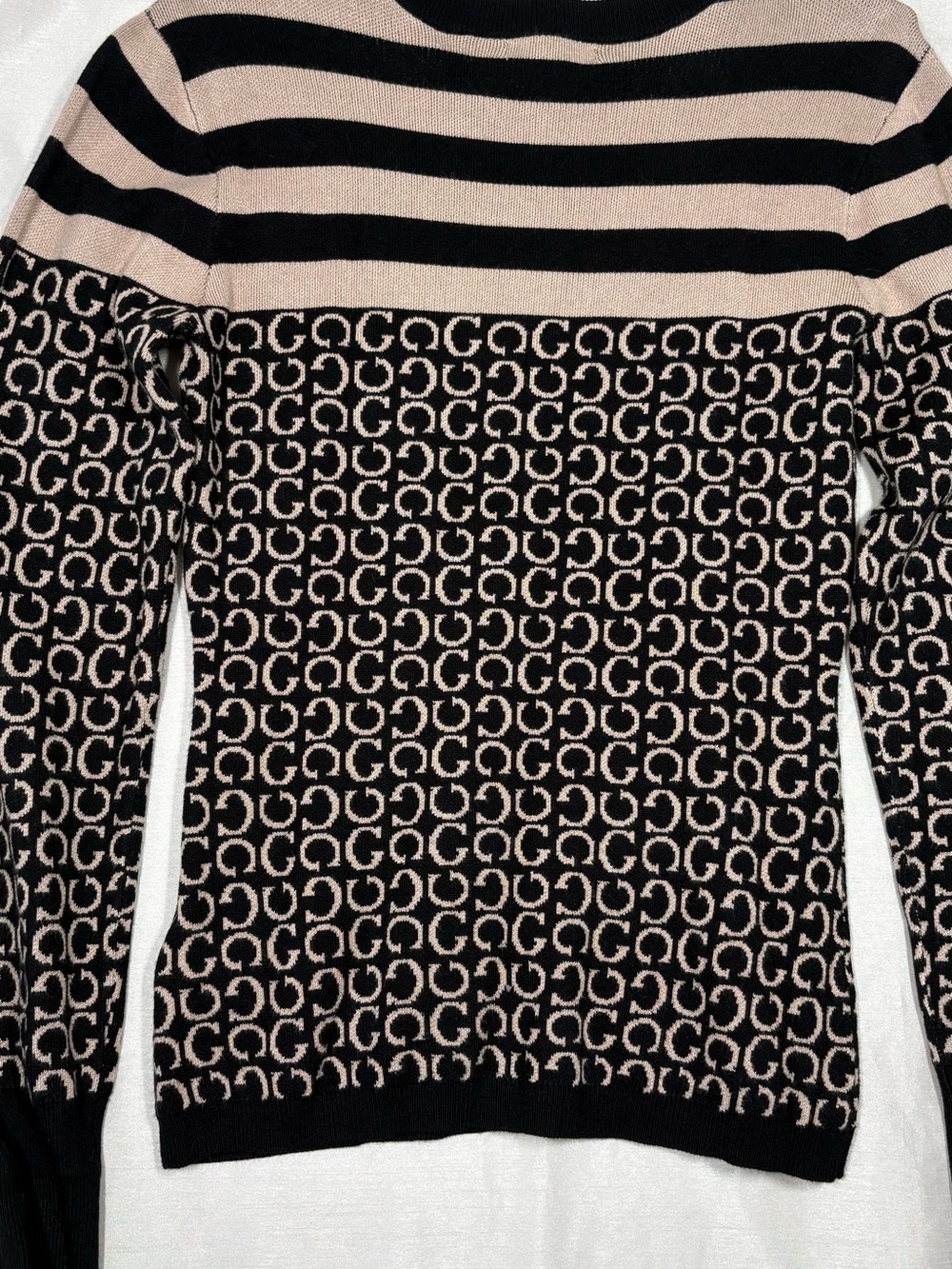 Guess Black and Beige Monogram Striped Crewneck Sweater